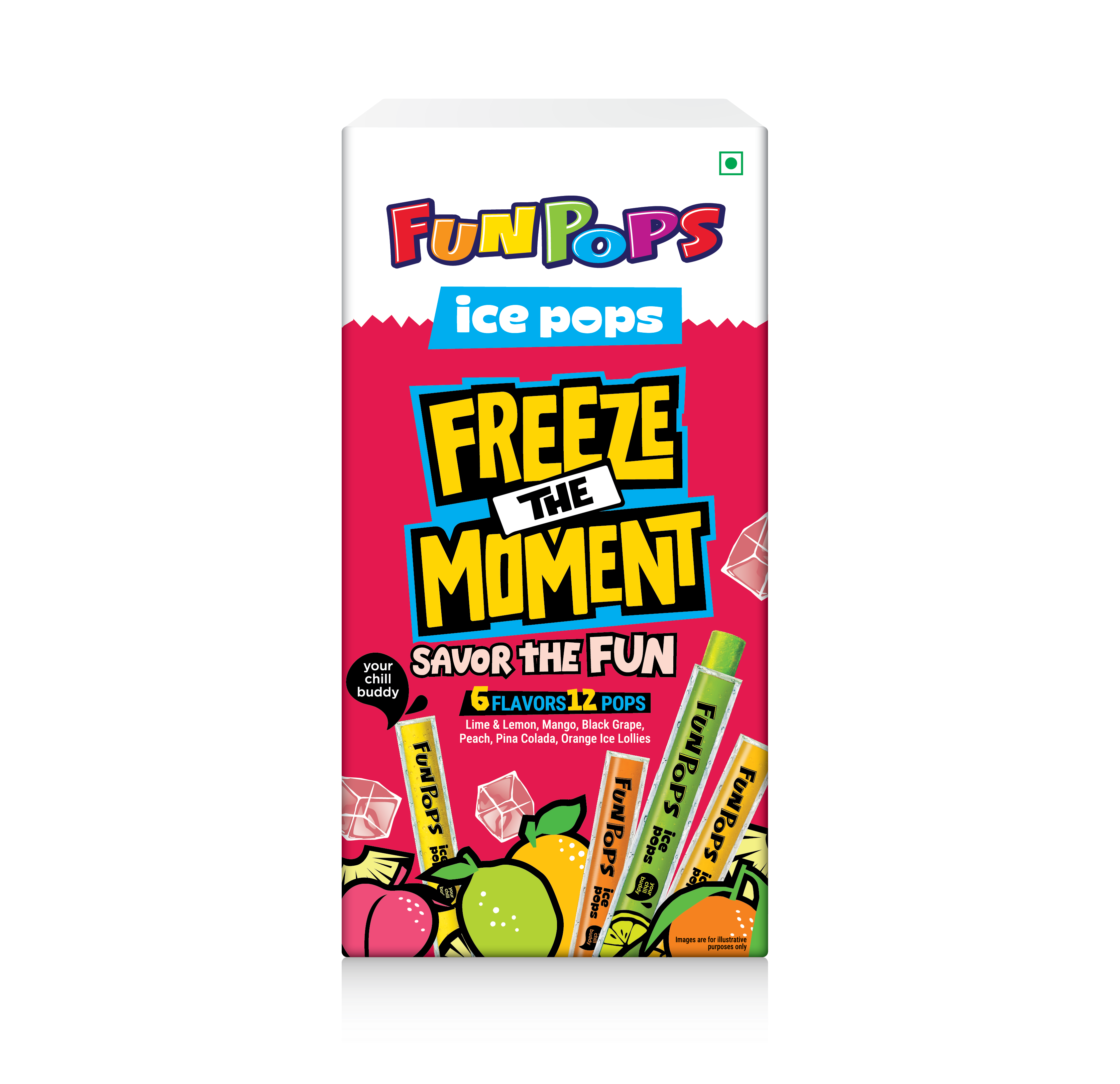 Packaging of Fun Pops ice pops with colorful design on a white background